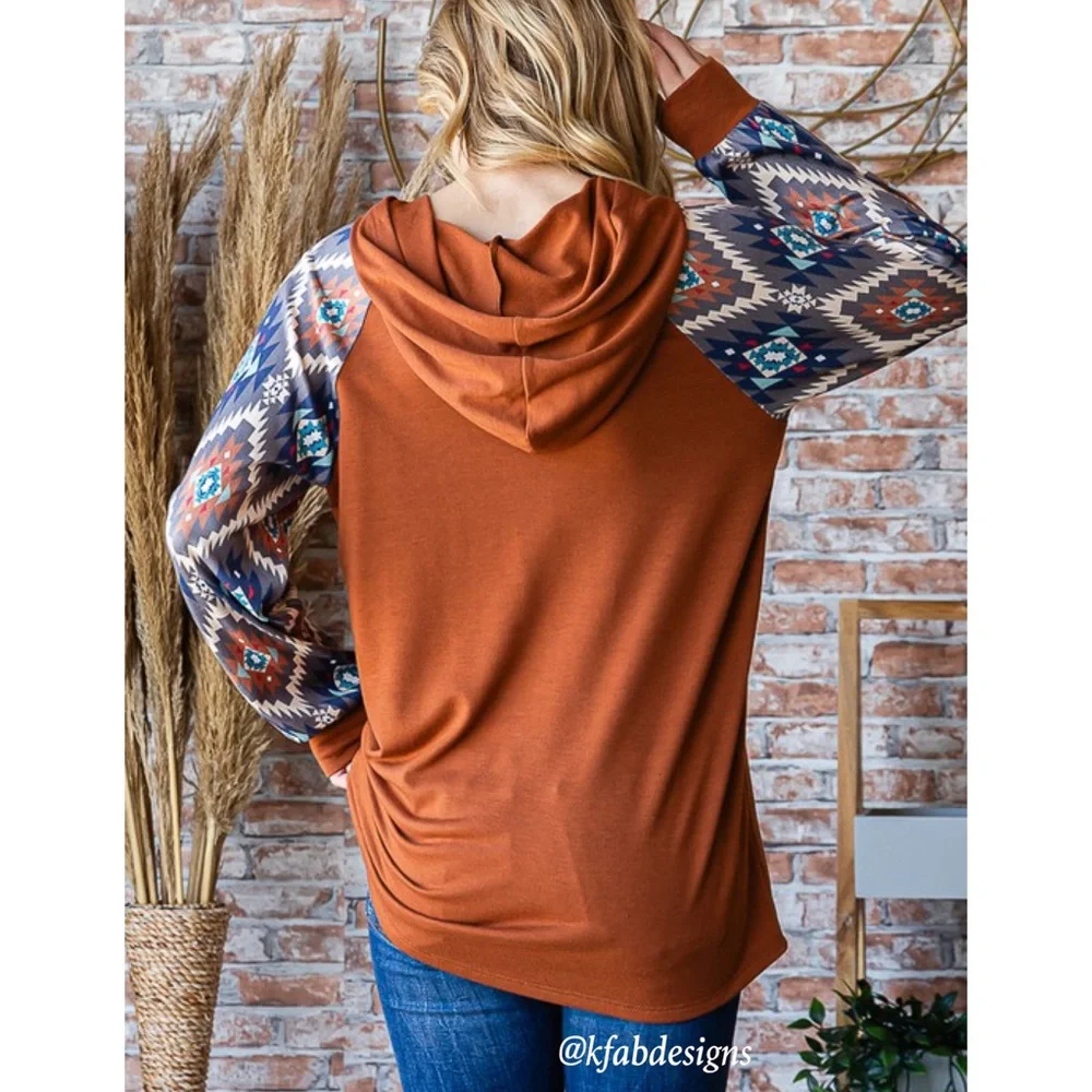 NEW! V Neck Button Detail Burnt Orange Aztec Contrast Hoodie! - Picture 8 of 9
